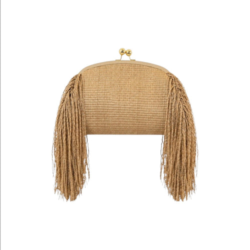 Jesalin Aluna natural raffia clutch bag with long side fringe and gold kiss lock closure