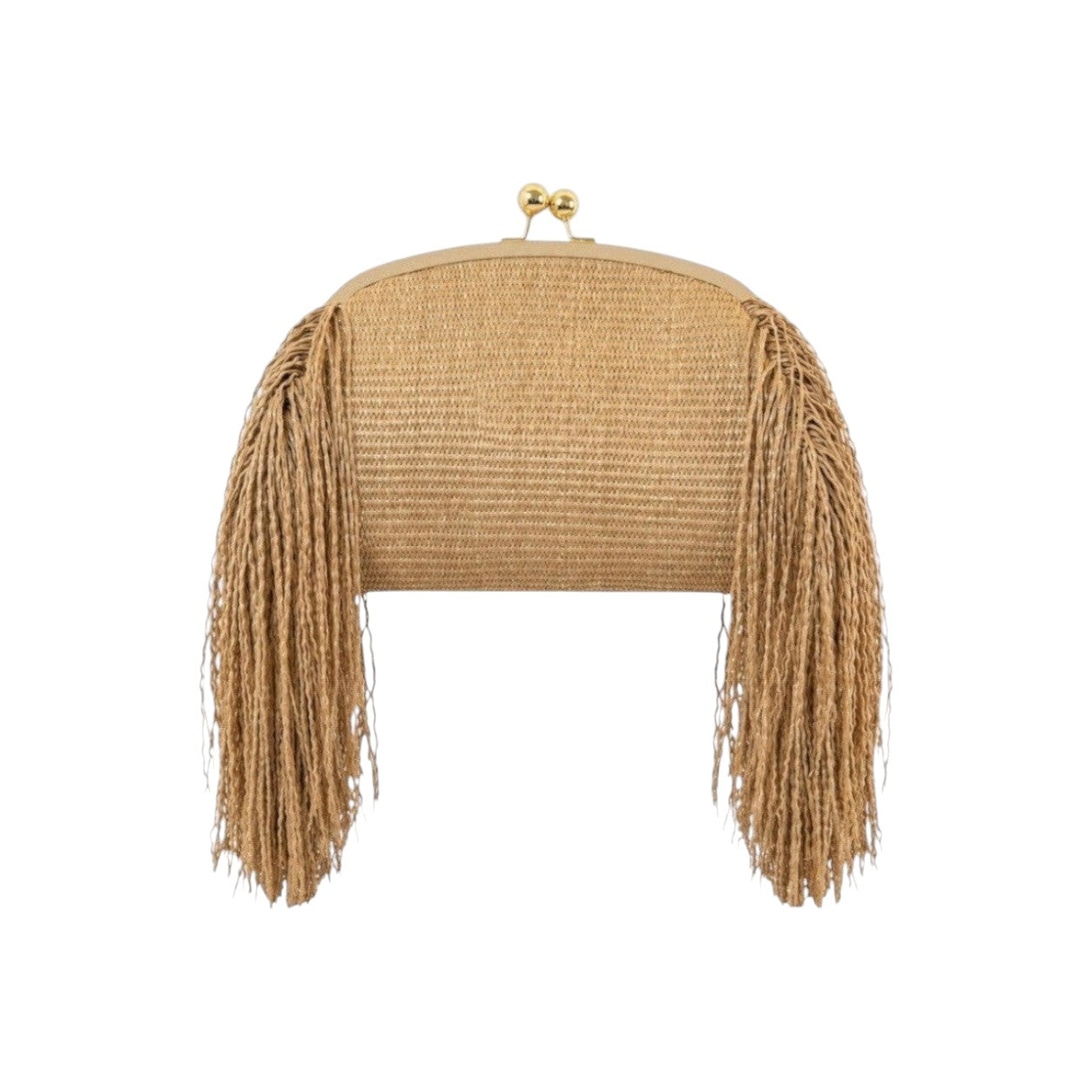 Jesalin Aluna raffia clutch bag with long side fringe and gold kiss lock closure in natural tan