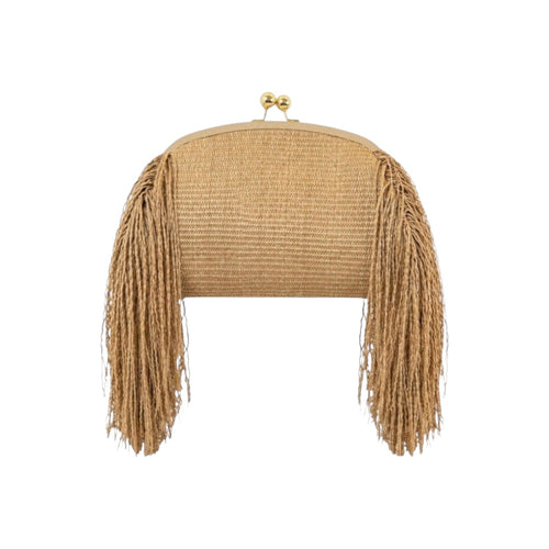 Jesalin Aluna raffia clutch bag with long side fringe and gold kiss lock closure in natural tan