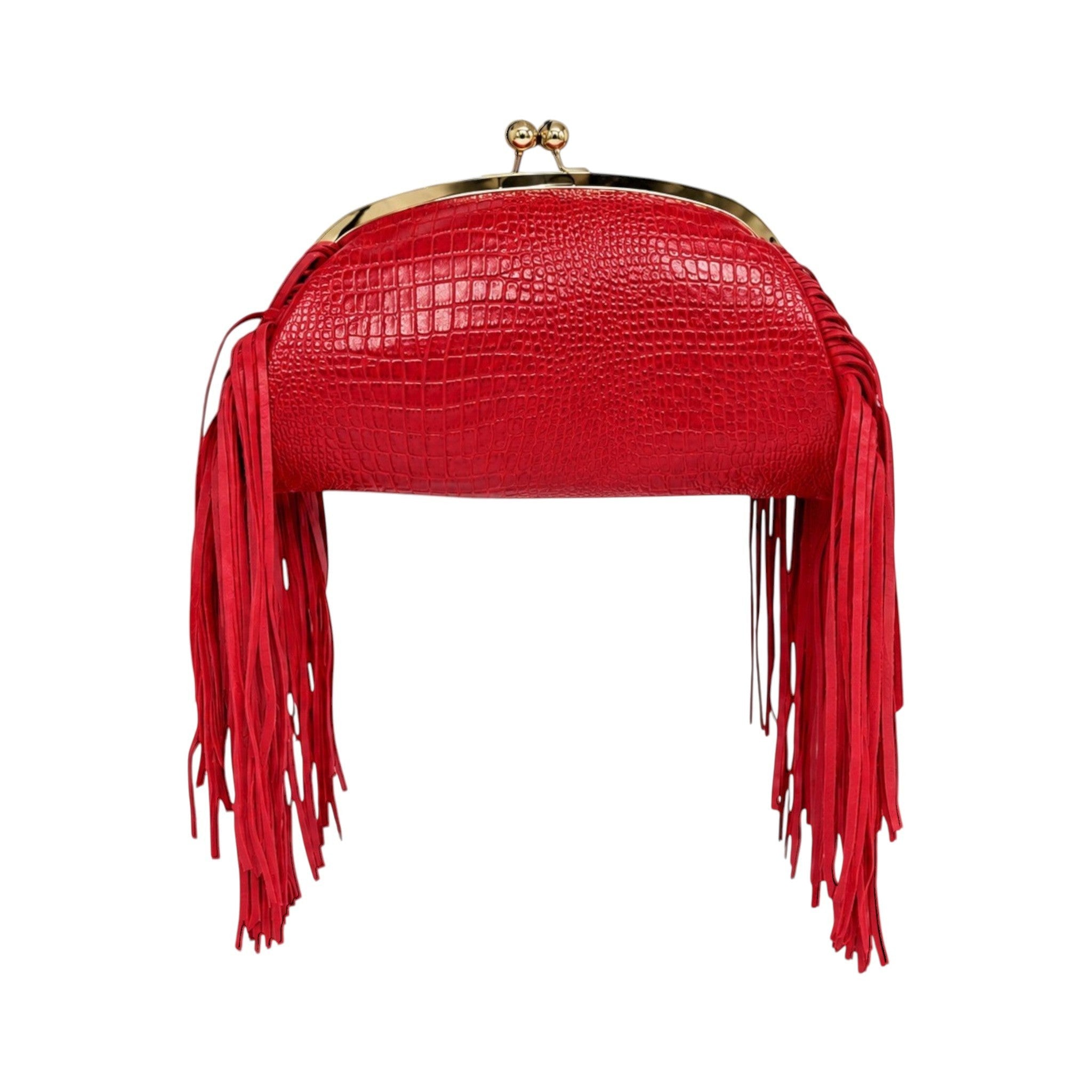 Jesalin Aluna red crocodile-embossed leather clutch with long fringe and gold kiss lock frame