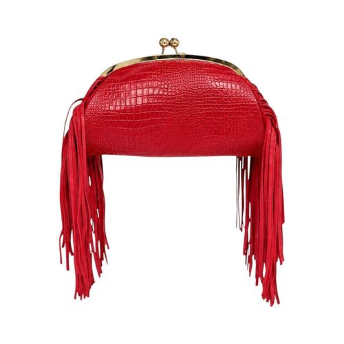Jesalin Aluna red crocodile-embossed leather clutch with long fringe and gold kiss lock frame