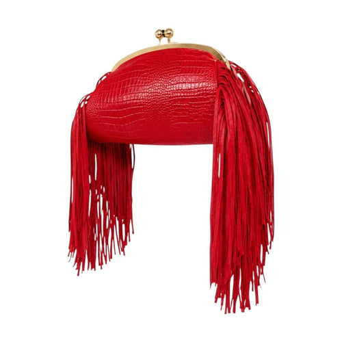 Jesalin Aluna red crocodile-embossed leather clutch with long fringe and gold kiss lock frame