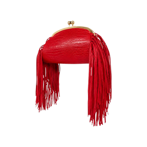 Jesalin Aluna red crocodile-embossed leather clutch with long fringe and gold kiss lock frame