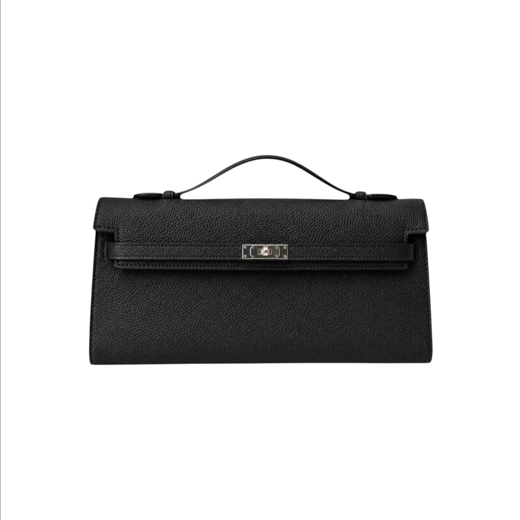 Jesalin Angelo black grained leather clutch with a structured silhouette and silver metallic clasp closure.