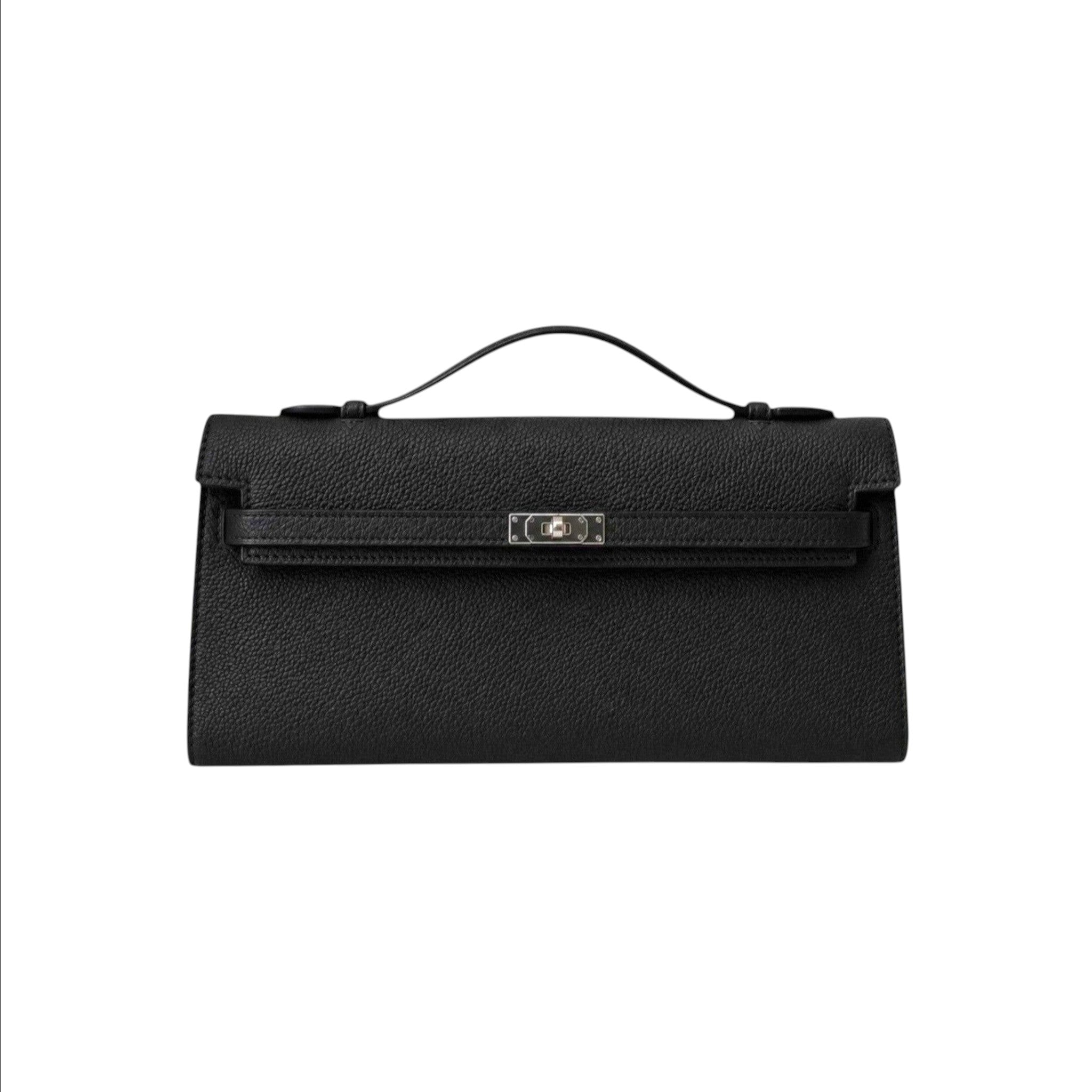 Jesalin Angelo black grained leather clutch with a structured silhouette and silver metallic clasp closure.
