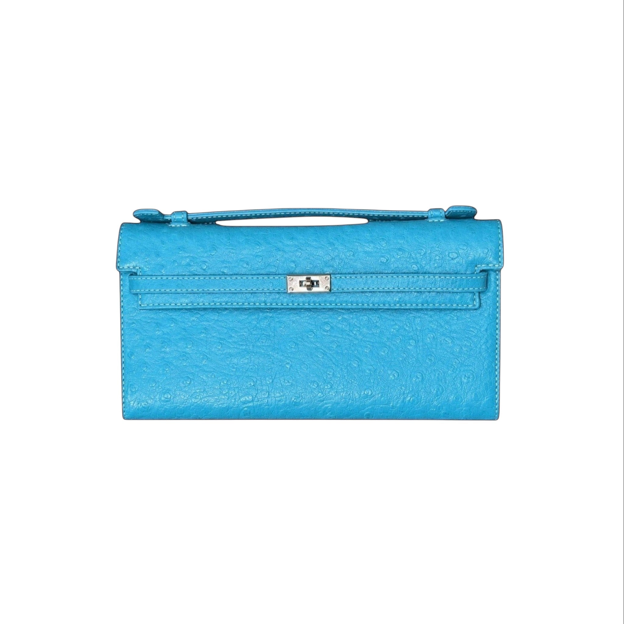 Jesalin Angelo blue ostrich-embossed leather clutch with a structured silhouette and silver metallic clasp