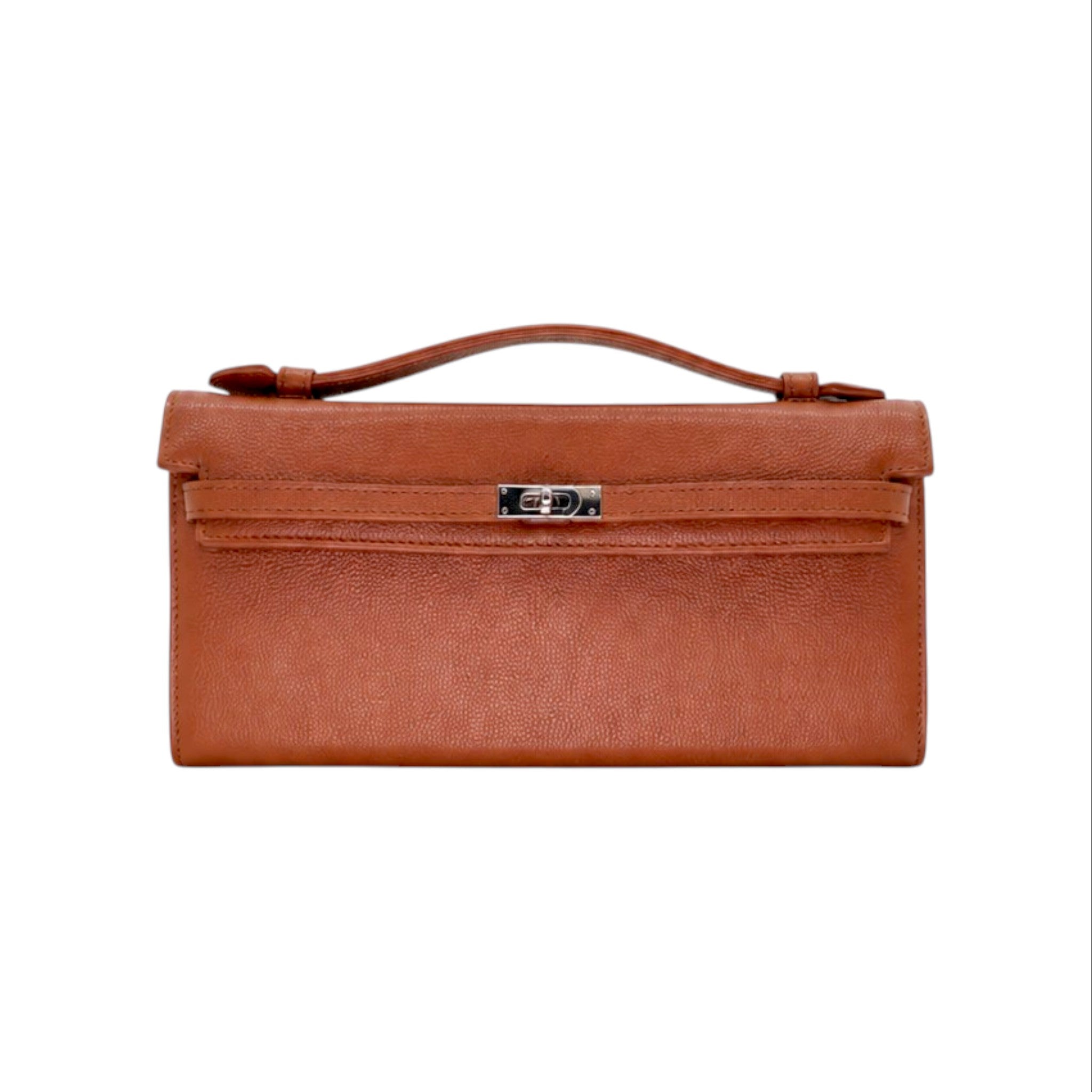 Jesalin Angelo camel clutch bag in grained bovine leather with a silver metallic clasp and structured silhouette
