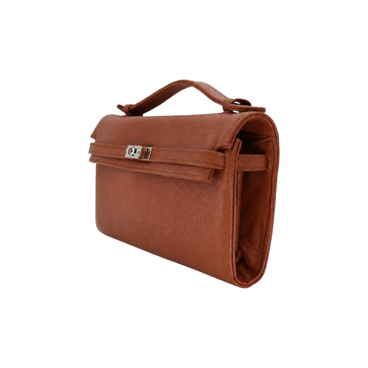 Jesalin Angelo camel clutch bag in grained cowhide leather with a silver metallic clasp and top handle