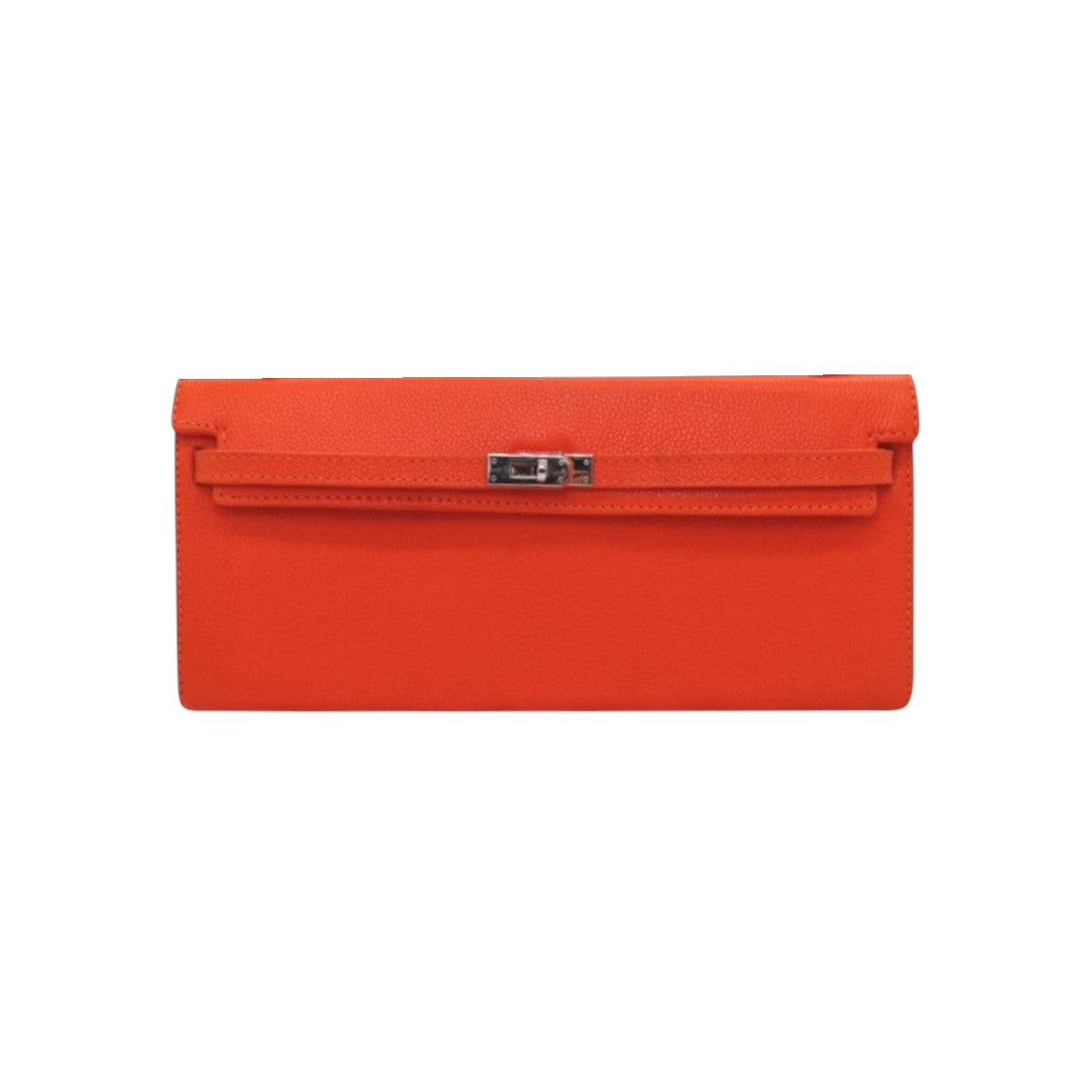Jesalin Angelo orange grained leather clutch with a structured elongated silhouette and silver metallic clasp.