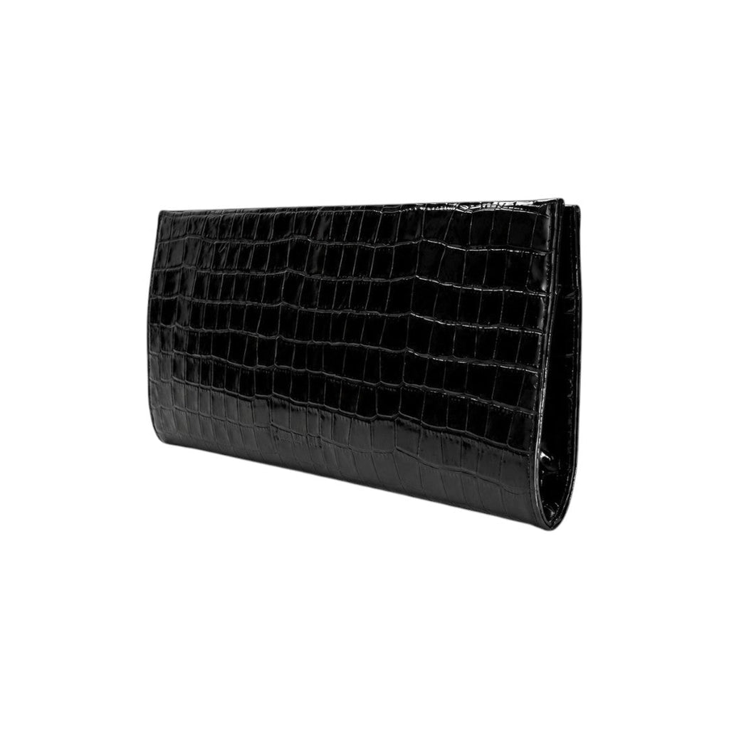 Jesalin black genuine leather Riga clutch with a structured crocodile-effect texture and magnetic closure.