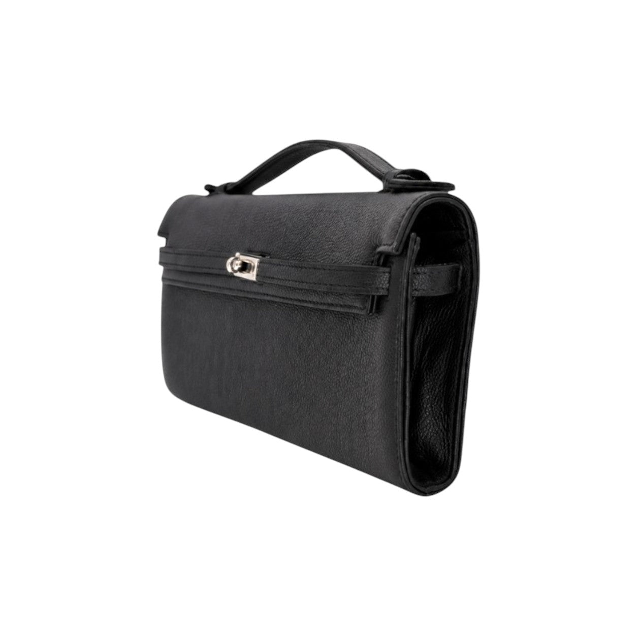 Jesalin black grained leather Angelo clutch with a structured silhouette and silver metallic clasp closure