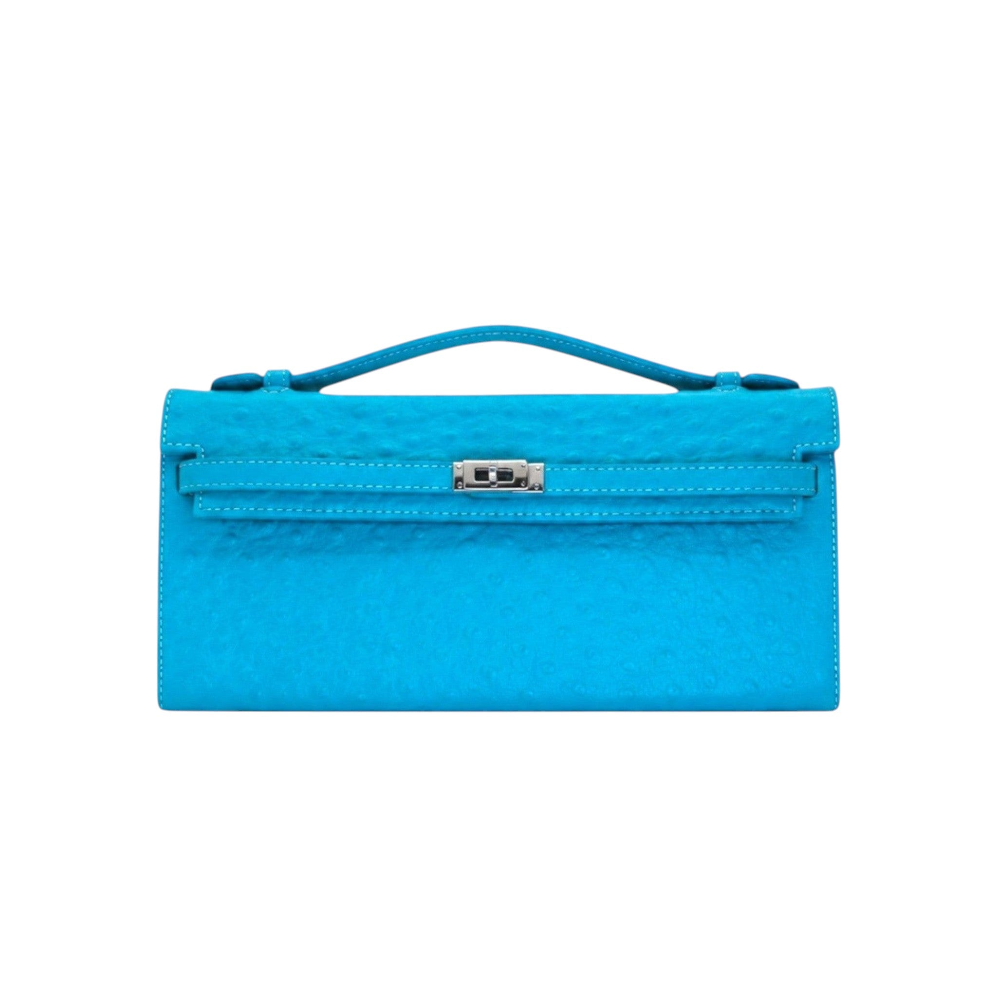 Jesalin blue ostrich-embossed leather clutch with a structured silhouette and silver metallic clasp closure