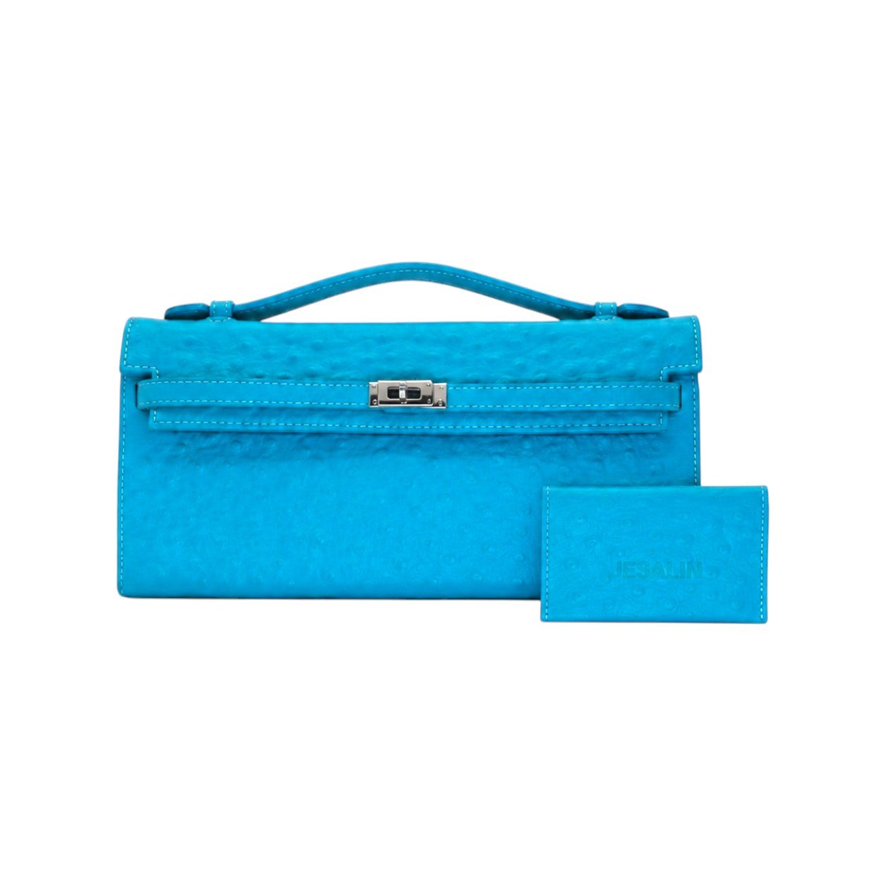 Jesalin blue ostrich-embossed leather Angelo clutch with silver metallic clasp and matching card holder