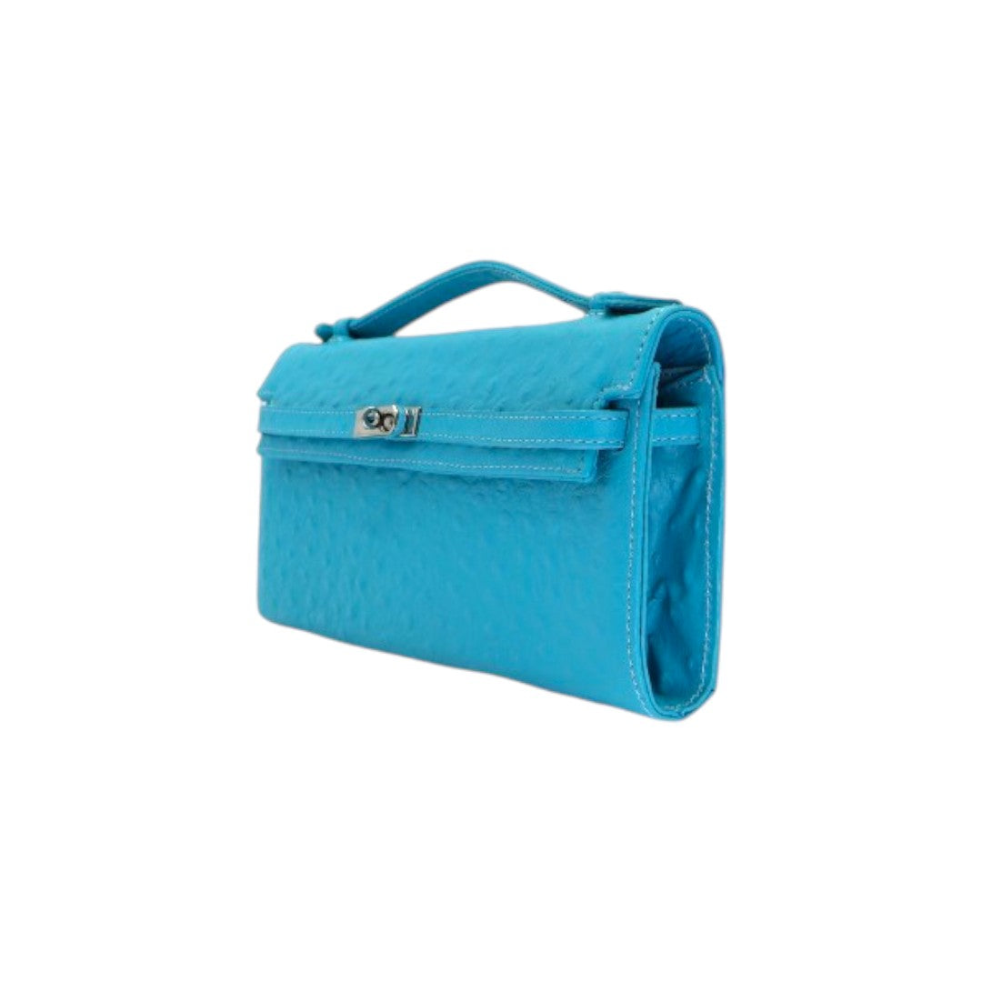 Jesalin blue ostrich-embossed leather Angelo clutch with silver metal clasp and structured silhouette