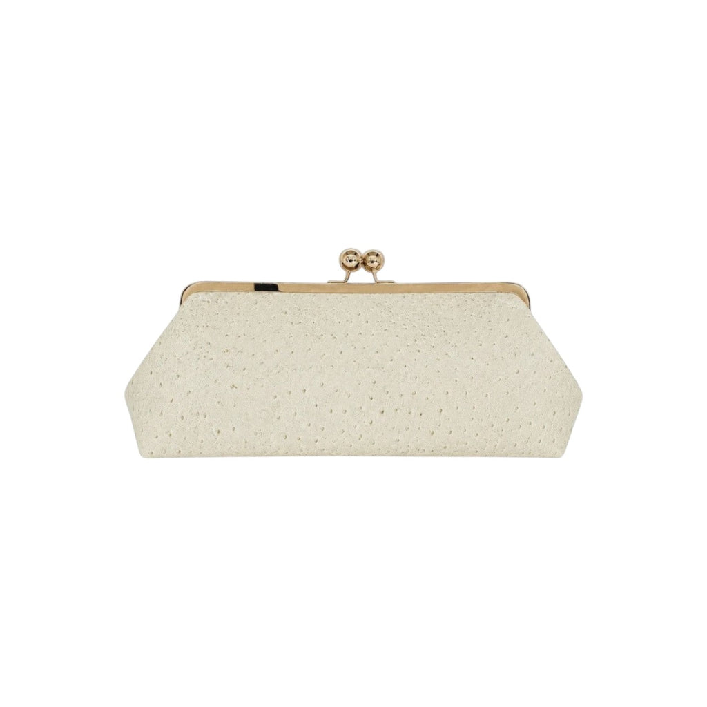 Bolso clutch Jesalin Sette Lungo en piel color hueso con grabado de avestruz y cierre metálico kisslock dorado.
