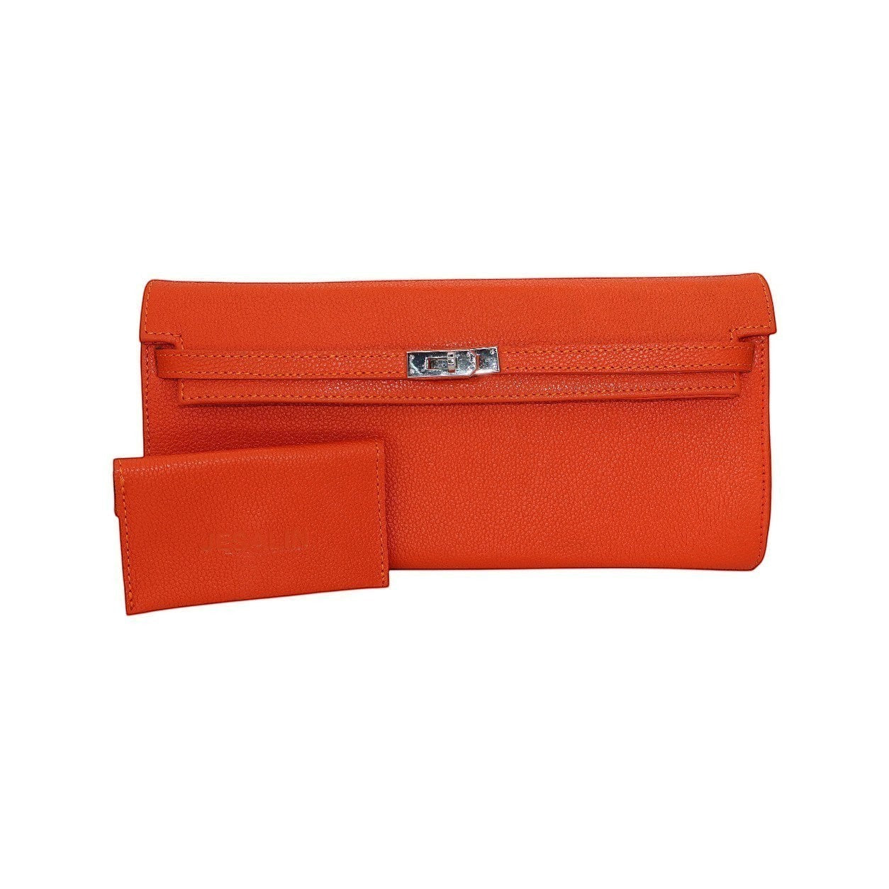 Bolso de mano Jesalin Hermes Naranja en piel granulada con cierre metálico y tarjetero a juego
