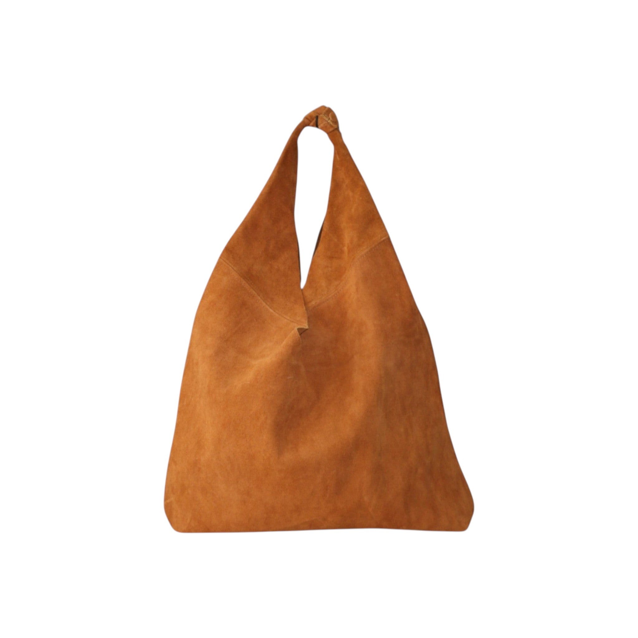 Bolso hobo Jesalin de gamuza color camel con diseño minimalista y asa superior anudada, hecho artesanalmente en México.