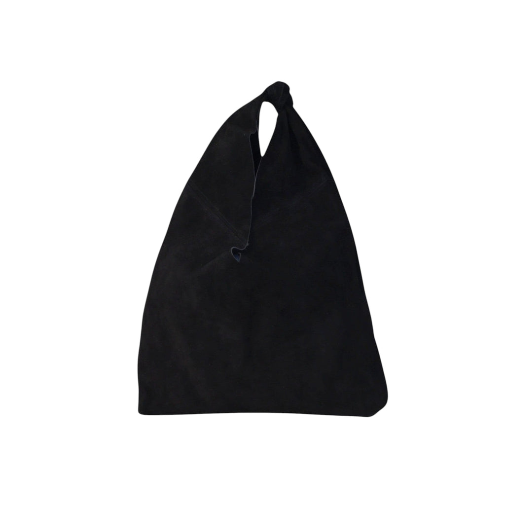 Bolso hobo Jesalin de gamuza negra con diseño minimalista y nudo superior, elaborado artesanalmente en México.