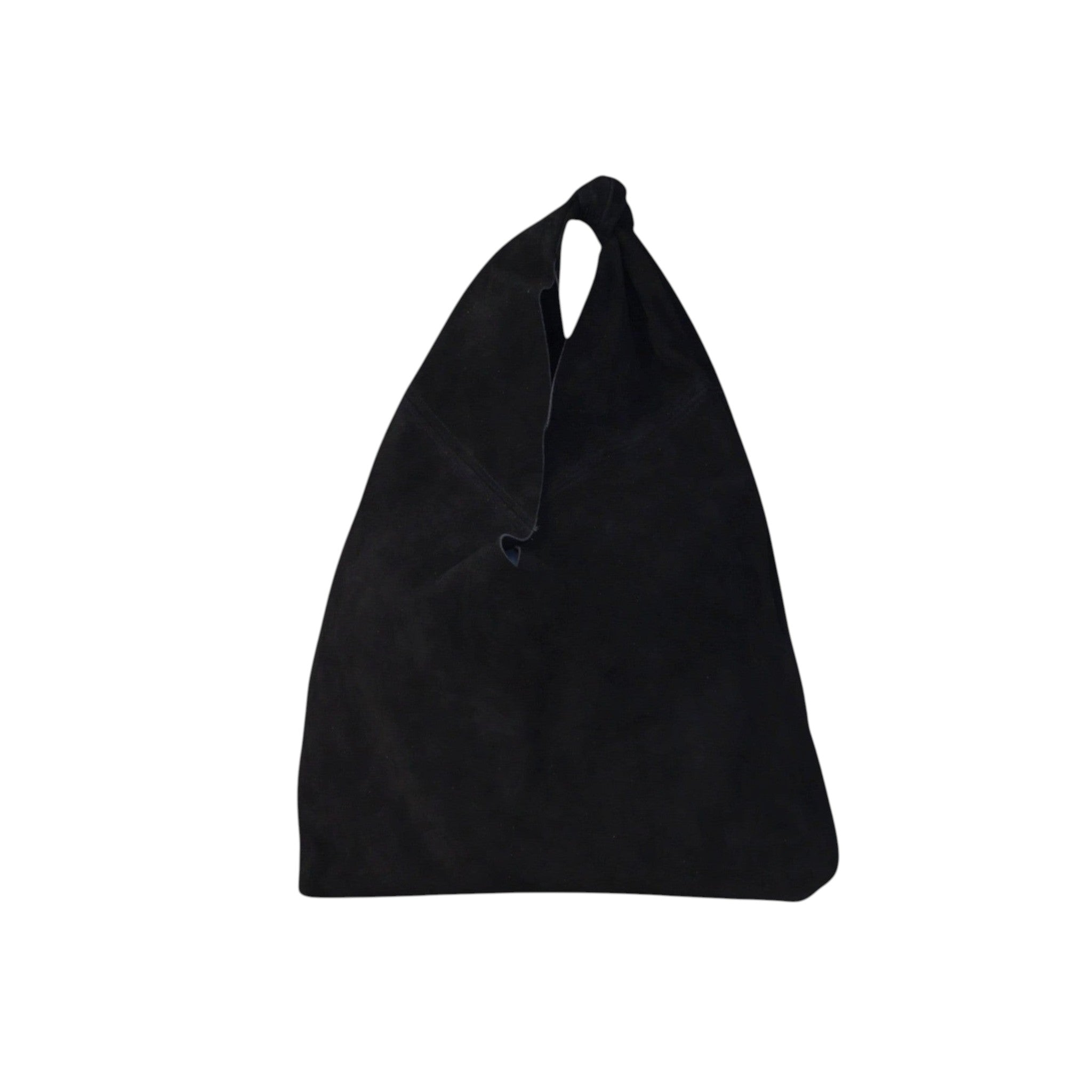 Bolso hobo Jesalin de gamuza negra con diseño minimalista y nudo superior, elaborado artesanalmente en México.