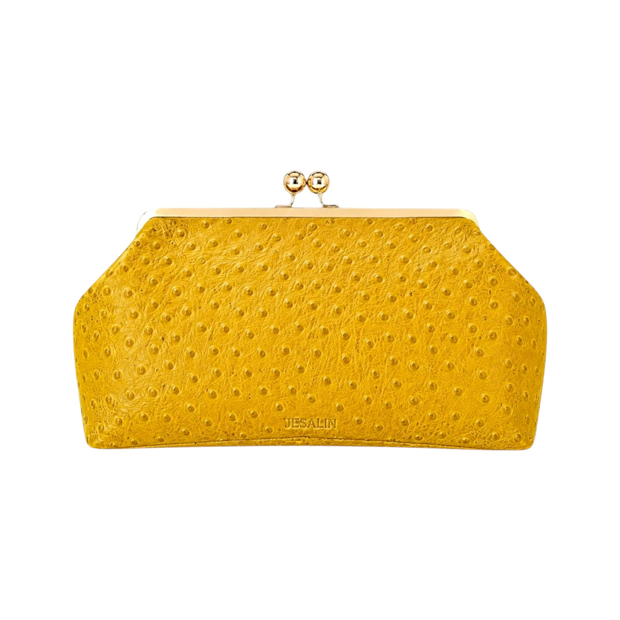 Bolso Sette Jesalin amarillo en piel con grabado de avestruz, cierre kisslock dorado y diseño elegante.