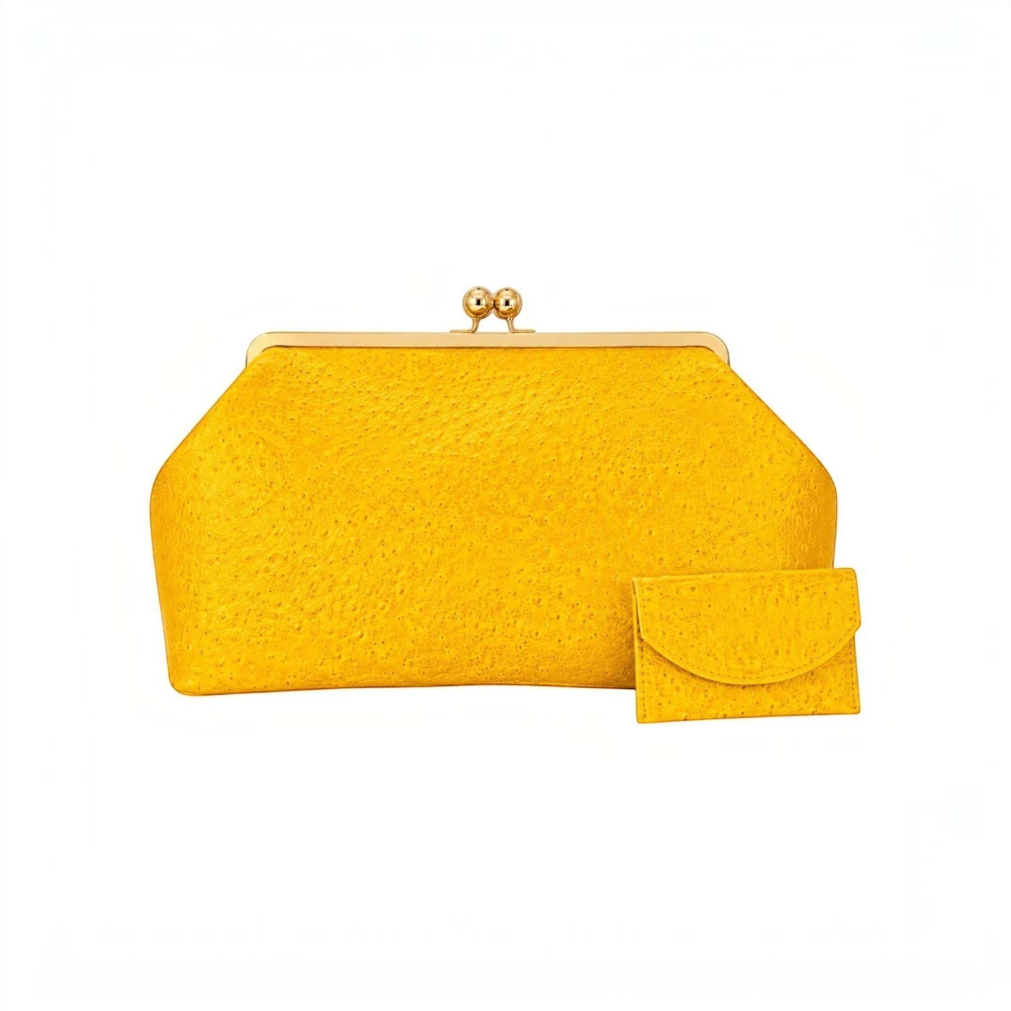 Bolso Sette de Jesalin en piel amarilla con grabado de avestruz, cierre kisslock dorado y tarjetero a juego.