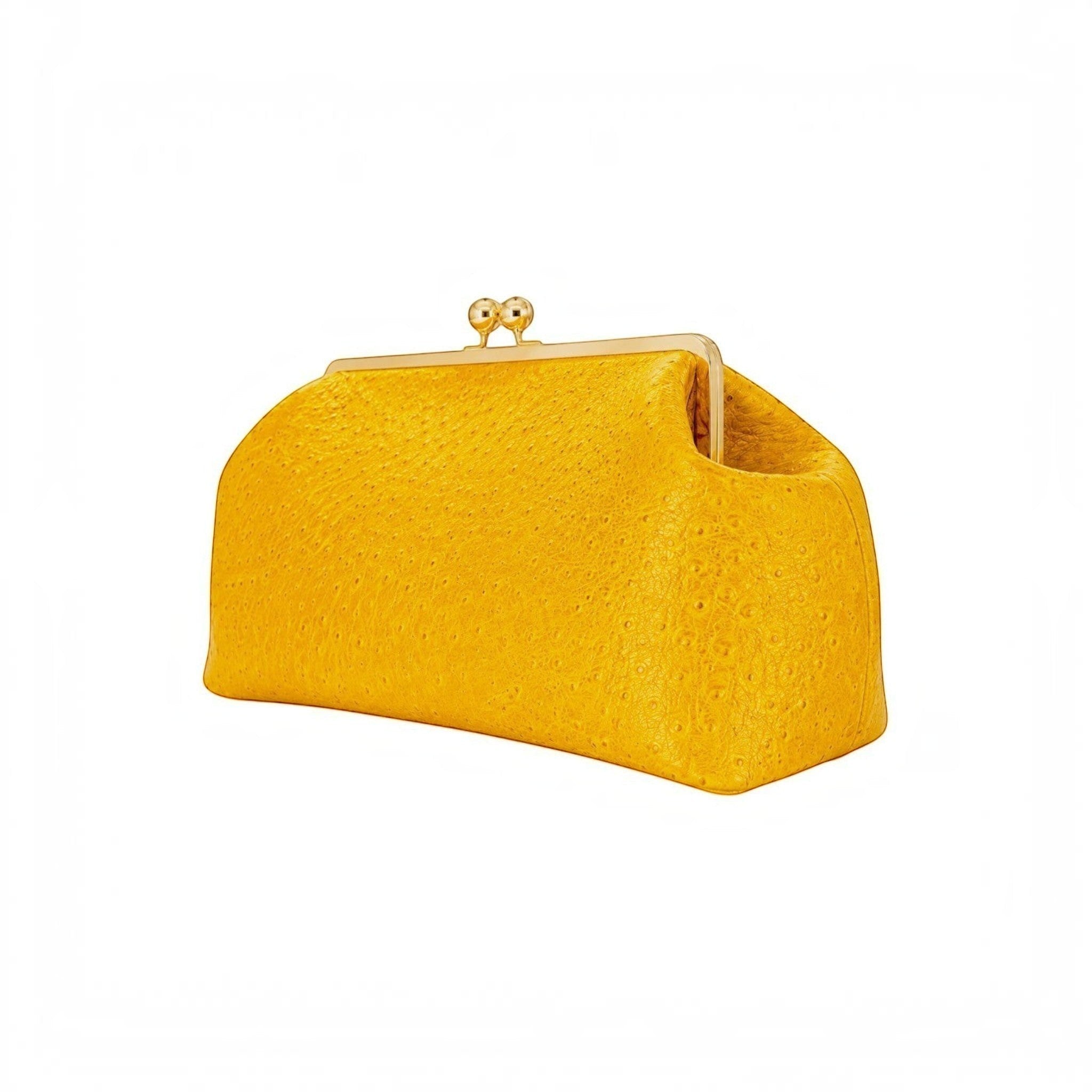Bolso de mano Jesalin Sette en piel amarilla con grabado de avestruz y cierre metálico kisslock dorado.