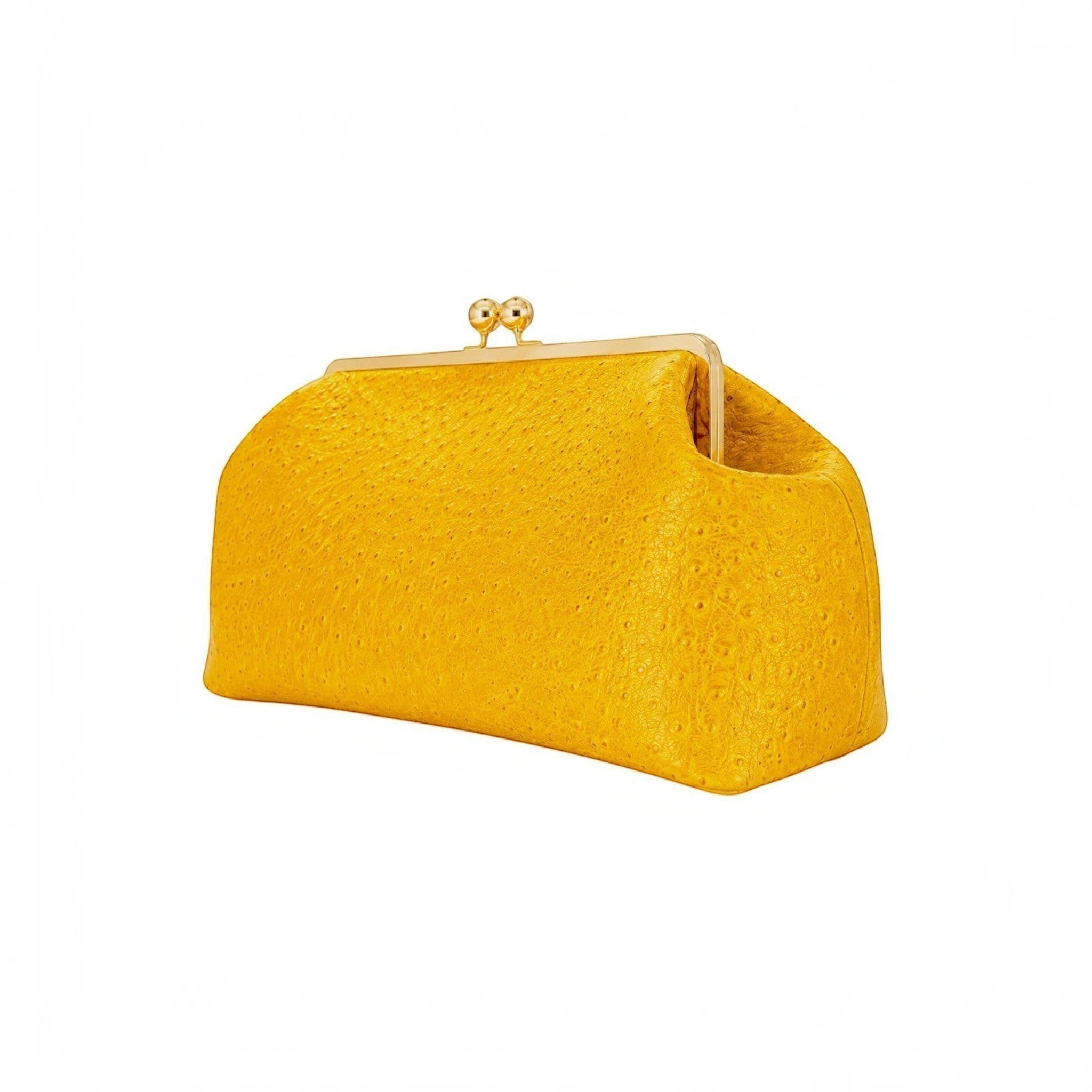 Bolso de mano Jesalin Sette en piel amarilla con grabado de avestruz y cierre metálico kisslock dorado.