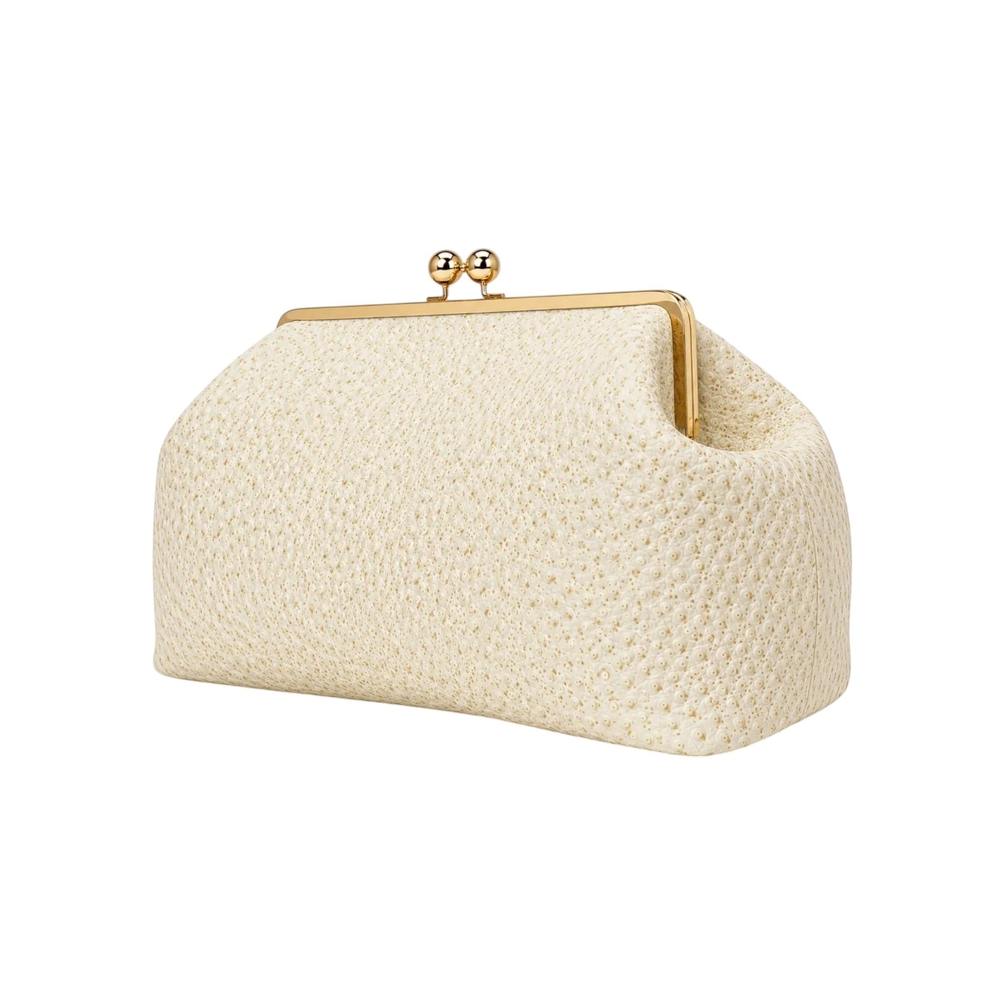 Bolso de mano Jesalin Sette en piel color hueso con grabado de avestruz y cierre kisslock dorado elegante.