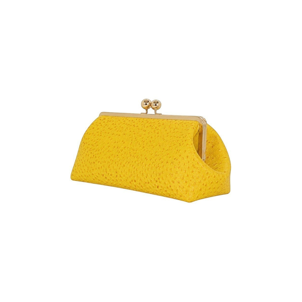 Bolso de mano Jesalin Sette Lungo amarillo en piel bovina con grabado de avestruz y cierre kisslock dorado.