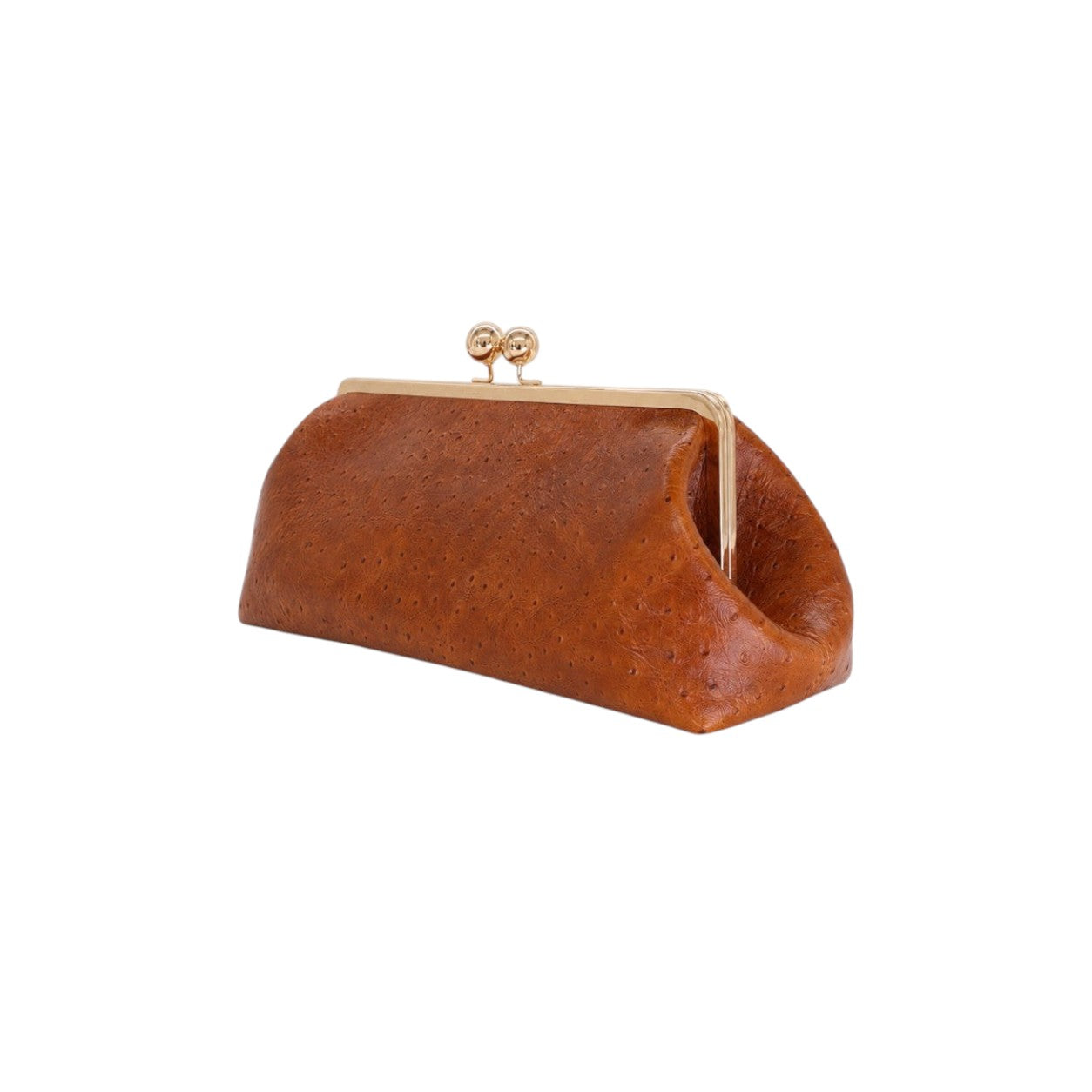 Bolso de mano Jesalin Sette Lungo en piel color coñac con grabado de avestruz y cierre kisslock dorado.