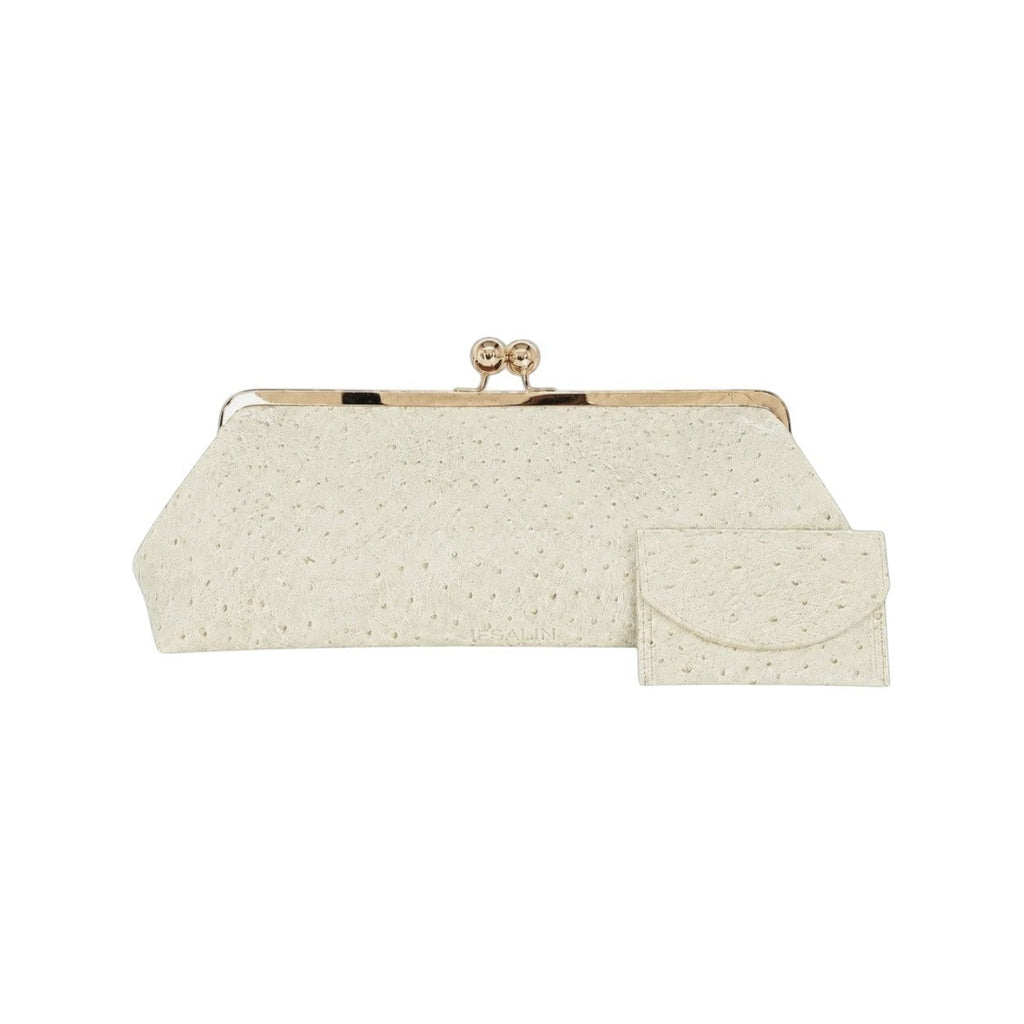Bolso de mano Jesalin Sette Lungo en piel color hueso con grabado de avestruz y cierre kisslock dorado elegante.