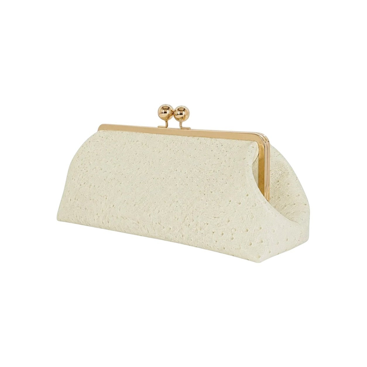 Bolso de mano Jesalin Sette Lungo en piel color hueso con grabado de avestruz y cierre kisslock dorado elegante.