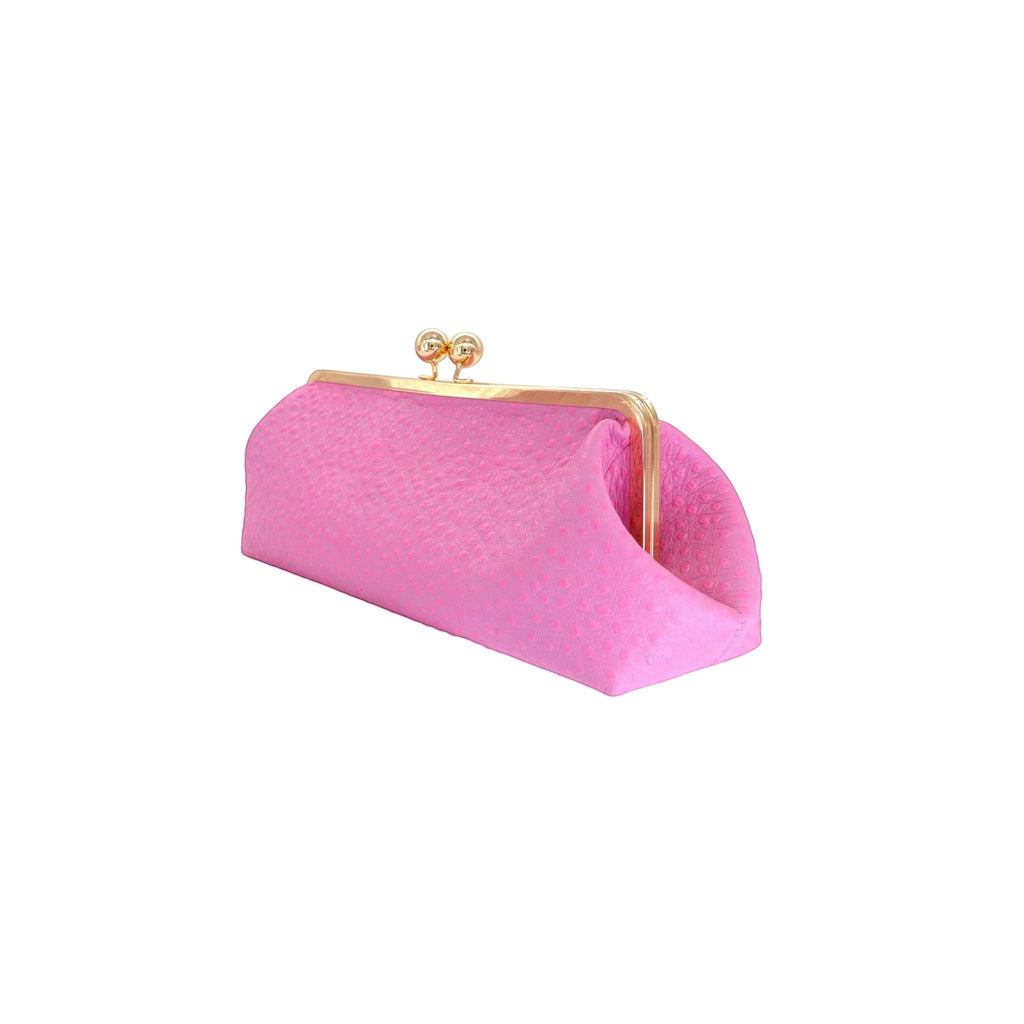 Bolso de mano Jesalin Sette Lungo rosa en piel bovina con grabado de avestruz y cierre kisslock dorado.