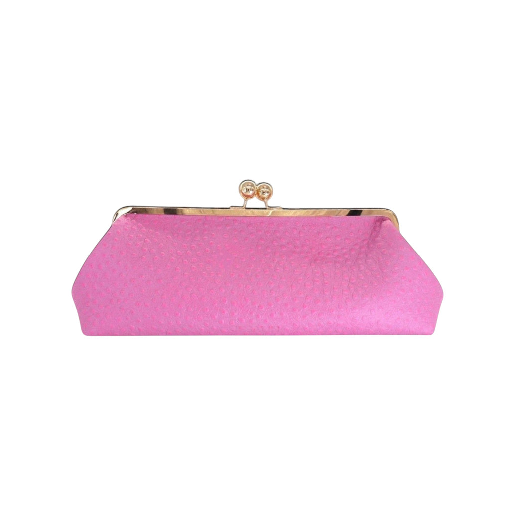 Bolso de mano Jesalin Sette Lungo rosa en piel bovina con grabado de avestruz y cierre metálico kisslock dorado.