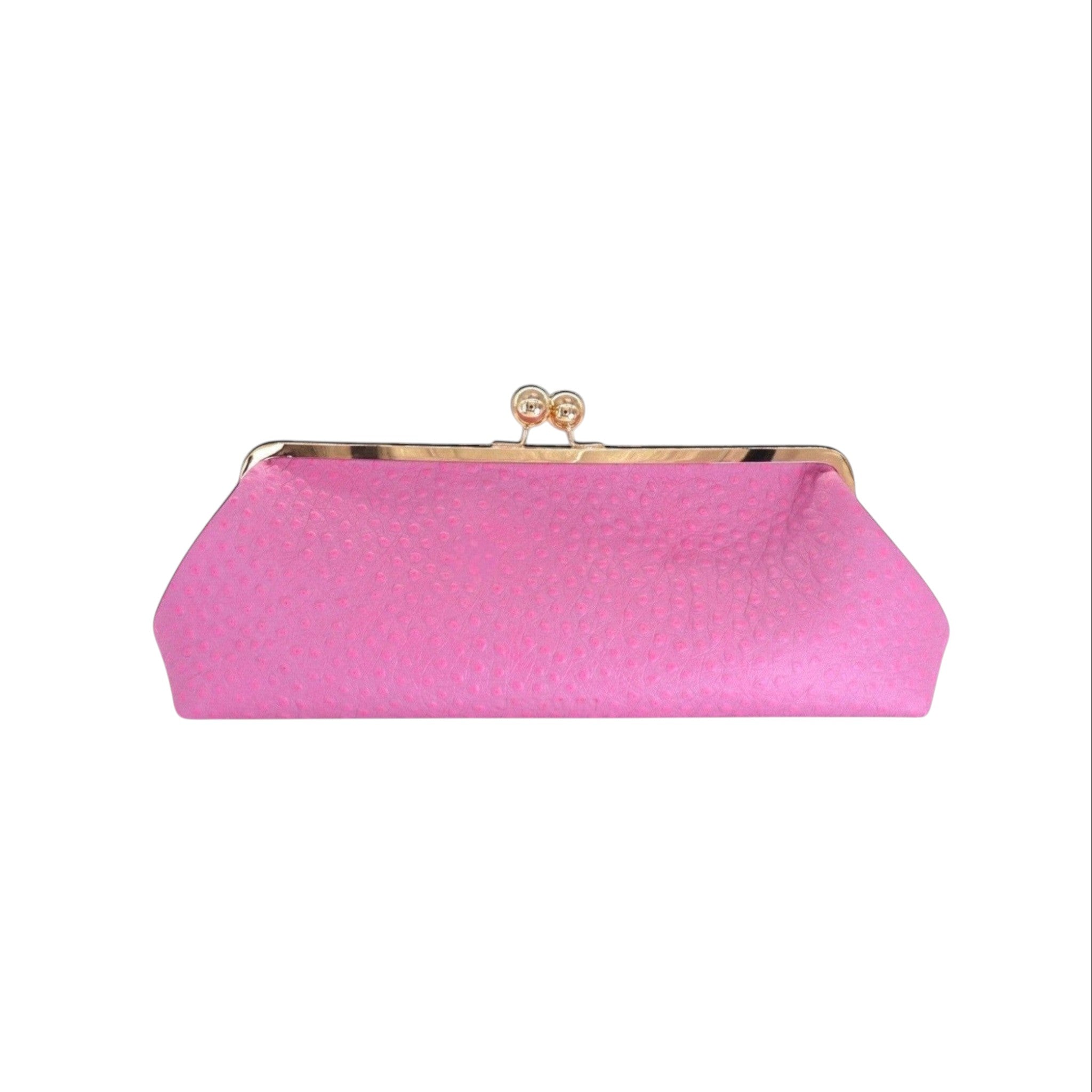 Bolso de mano Jesalin Sette Lungo rosa en piel bovina con grabado de avestruz y cierre metálico kisslock dorado.