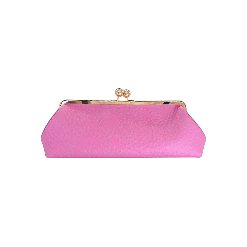 Bolso de mano Jesalin Sette Lungo rosa en piel bovina con grabado de avestruz y cierre metálico kisslock dorado.
