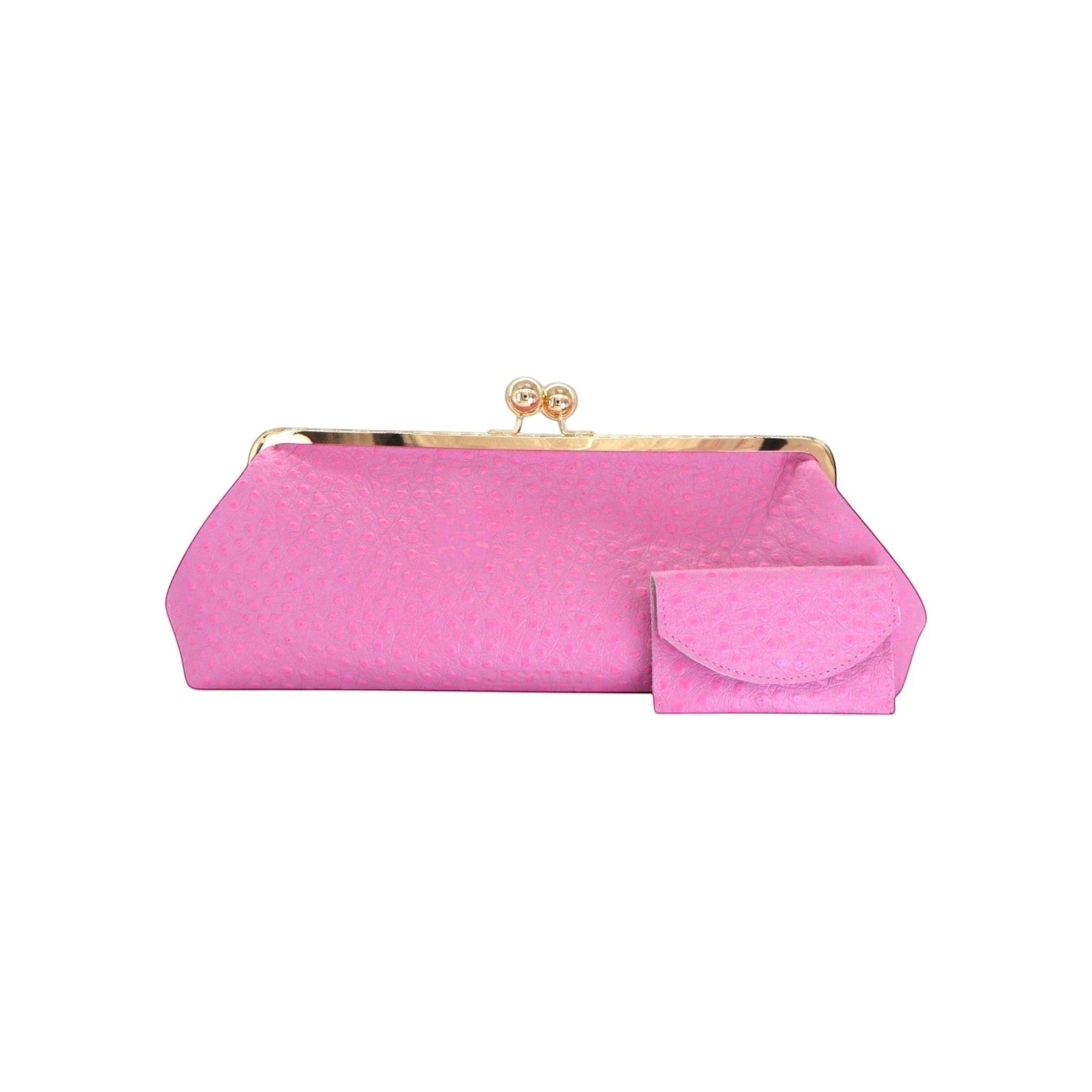 Bolso de mano Jesalin Sette Lungo rosa en piel bovina con grabado de avestruz y cierre kisslock dorado elegante.