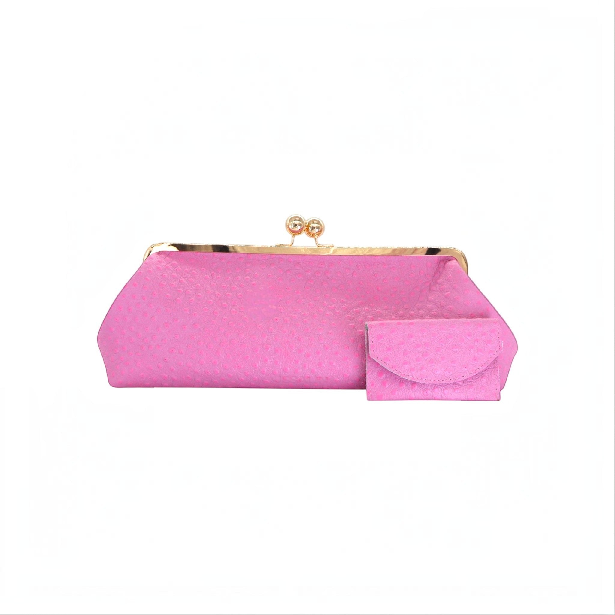 Bolso de mano Jesalin Sette Lungo rosa en piel bovina con grabado de avestruz y cierre kisslock dorado elegante.