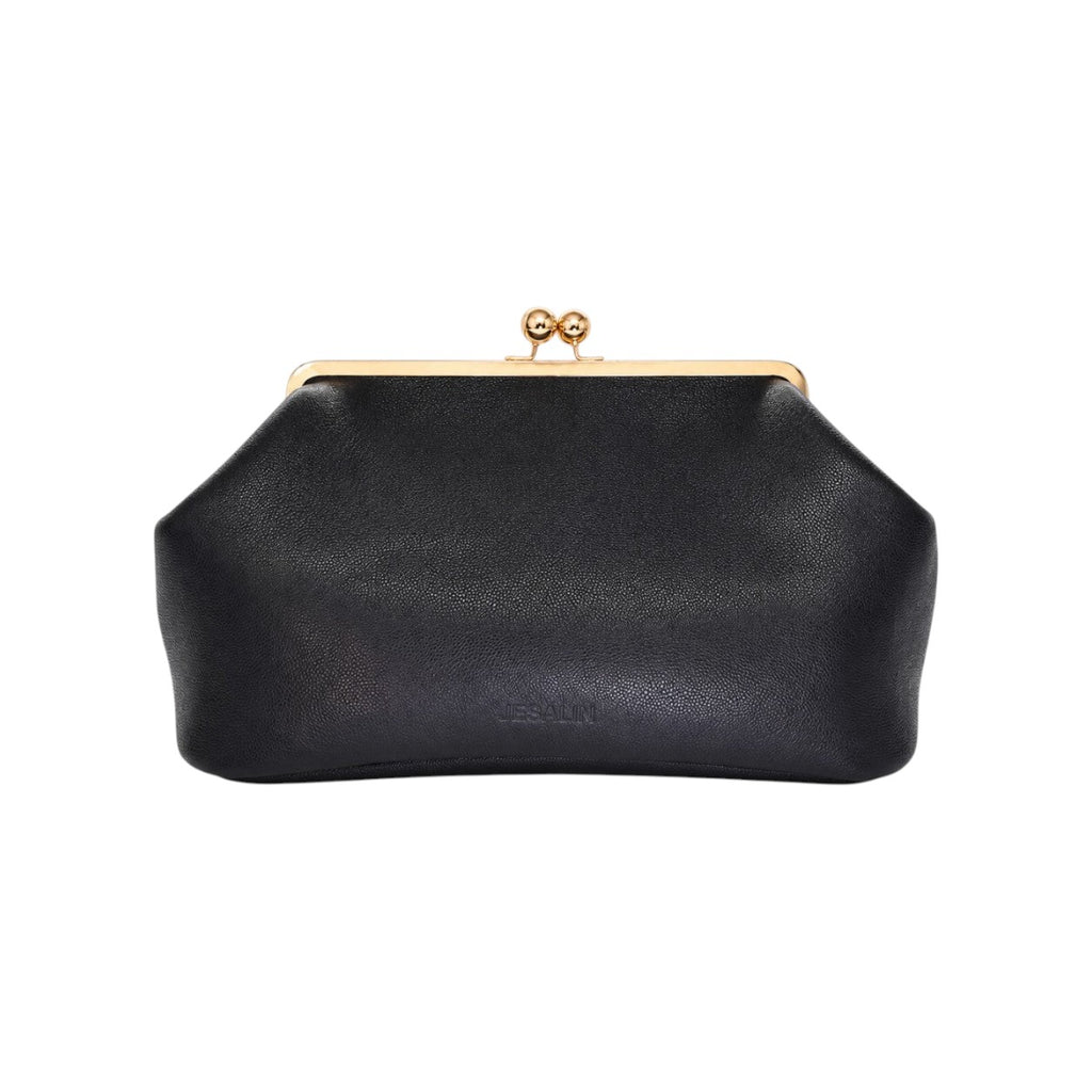 Bolso de mano Jesalin Sette en piel bovina negra granulada con cierre kisslock dorado y diseño elegante.