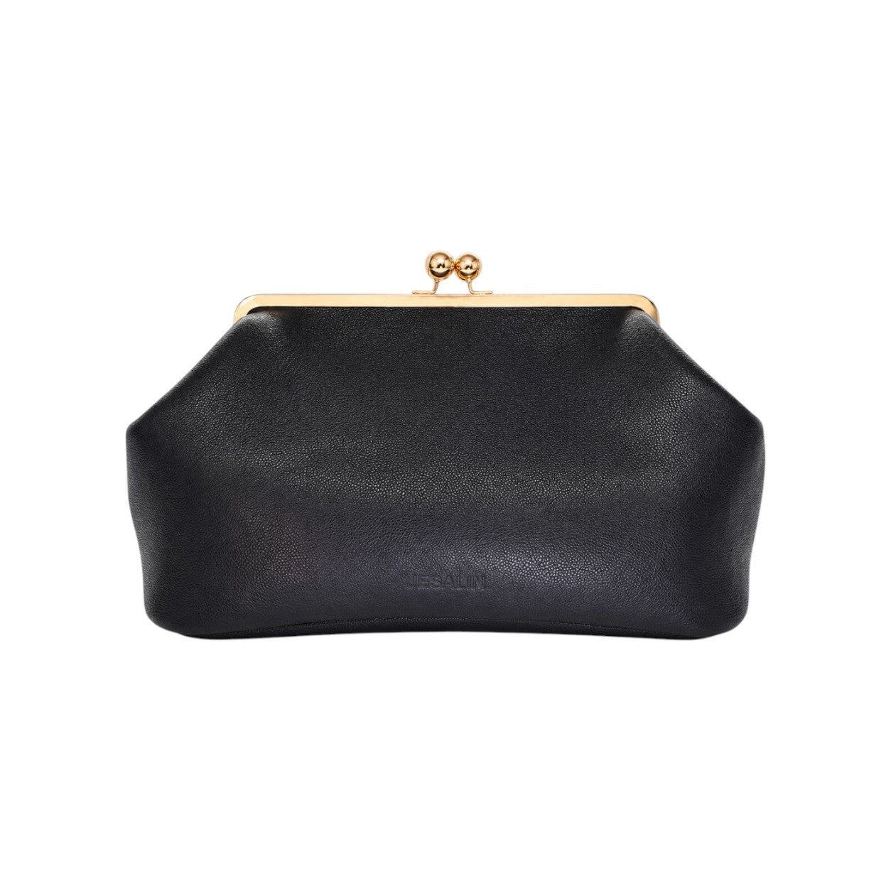 Bolso de mano Jesalin Sette en piel bovina negra granulada con cierre kisslock dorado y diseño elegante.