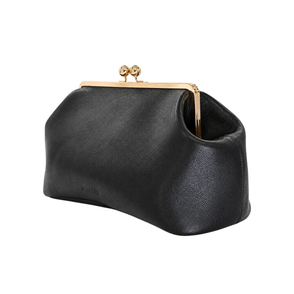 Bolso Jesalin Sette en piel bovina negra granulada con cierre kisslock dorado y diseño de pliegues elegantes.
