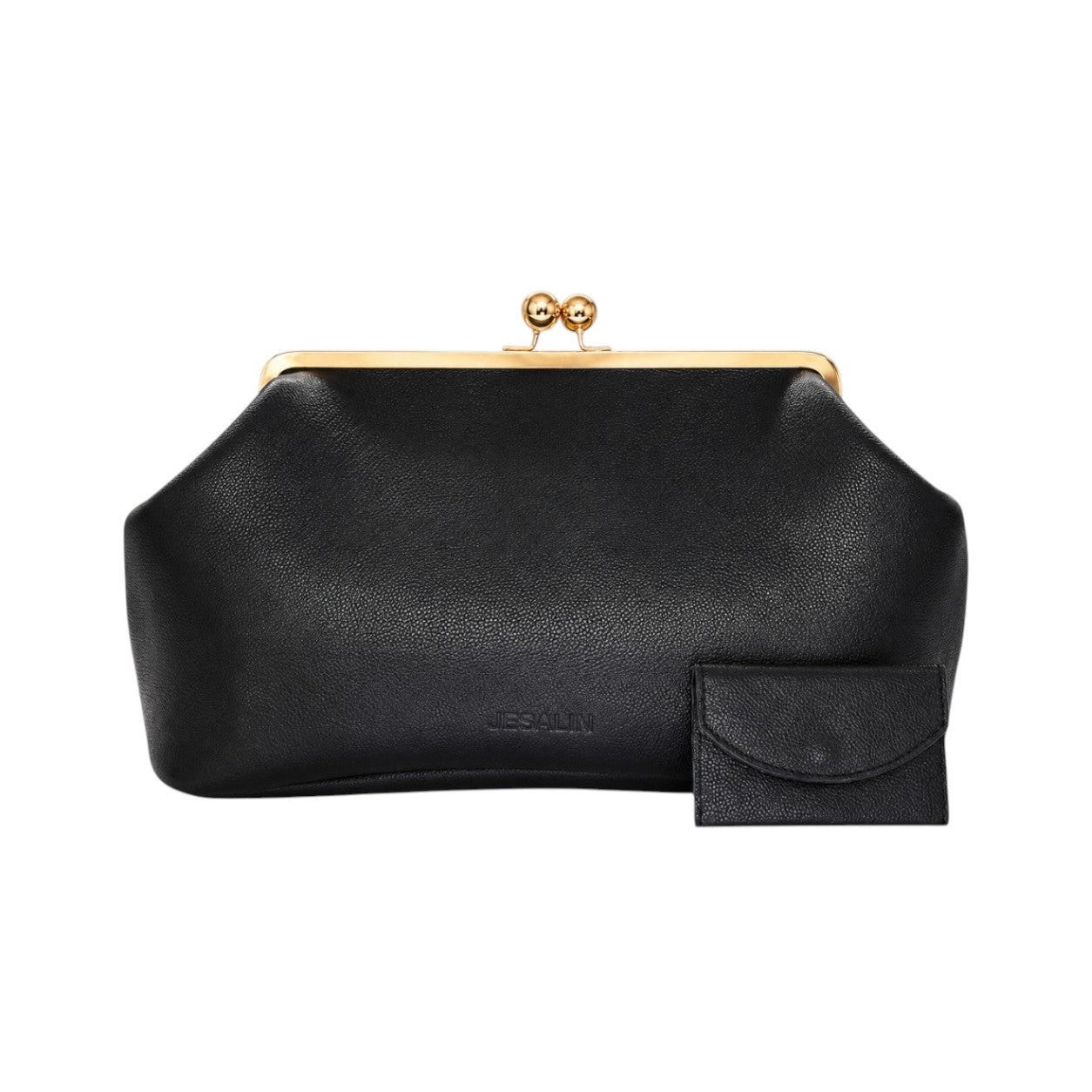 Bolso Jesalin Sette negro de piel bovina granulada con cierre kisslock dorado y tarjetero a juego.