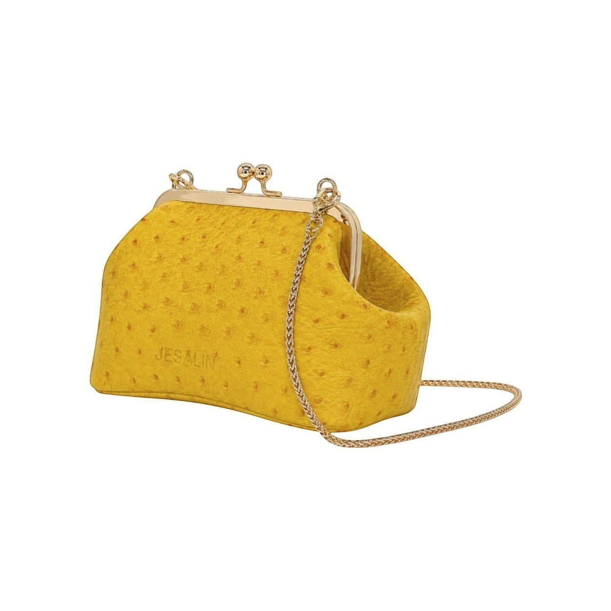 Bolso Jesalin Sette Petito amarillo en piel con grabado de avestruz, cierre kisslock dorado y cadena metálica.
