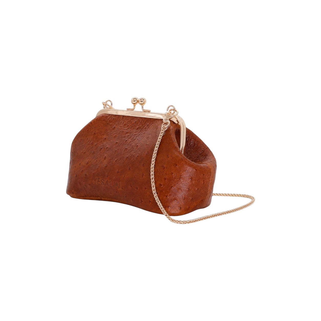 Bolso Jesalin Sette Petito color cognac en piel con grabado de avestruz, cierre kisslock dorado y cadena metálica.
