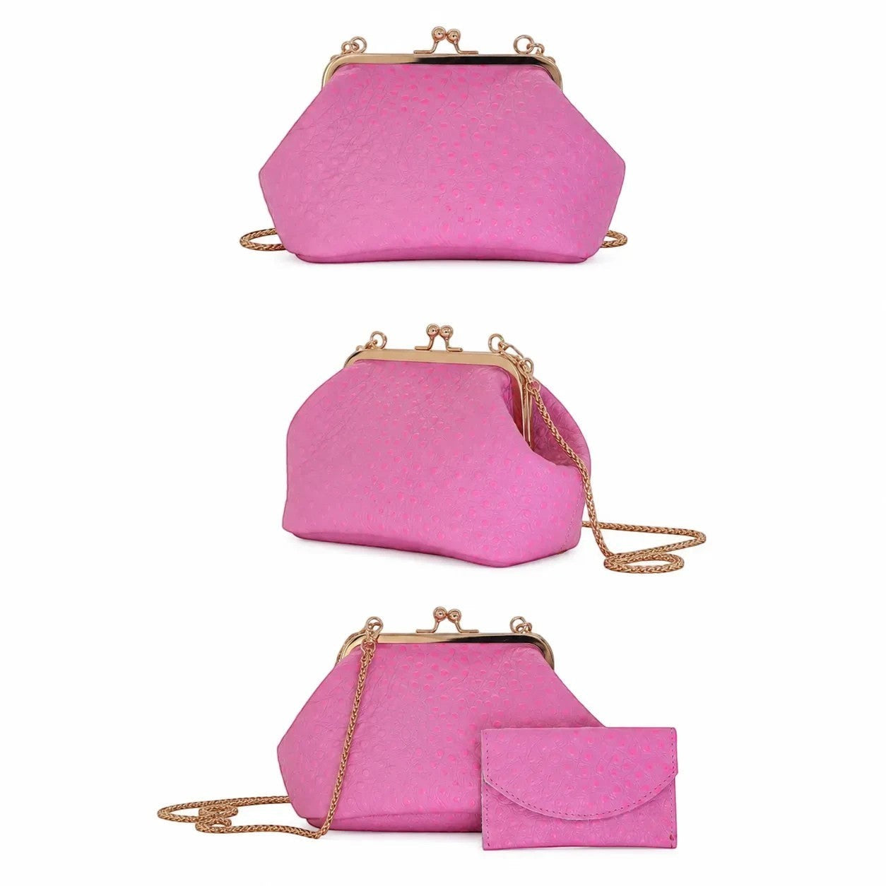 Bolso Jesalin Sette Petito rosa en piel con grabado de avestruz, cierre kisslock dorado y cadena metálica.
