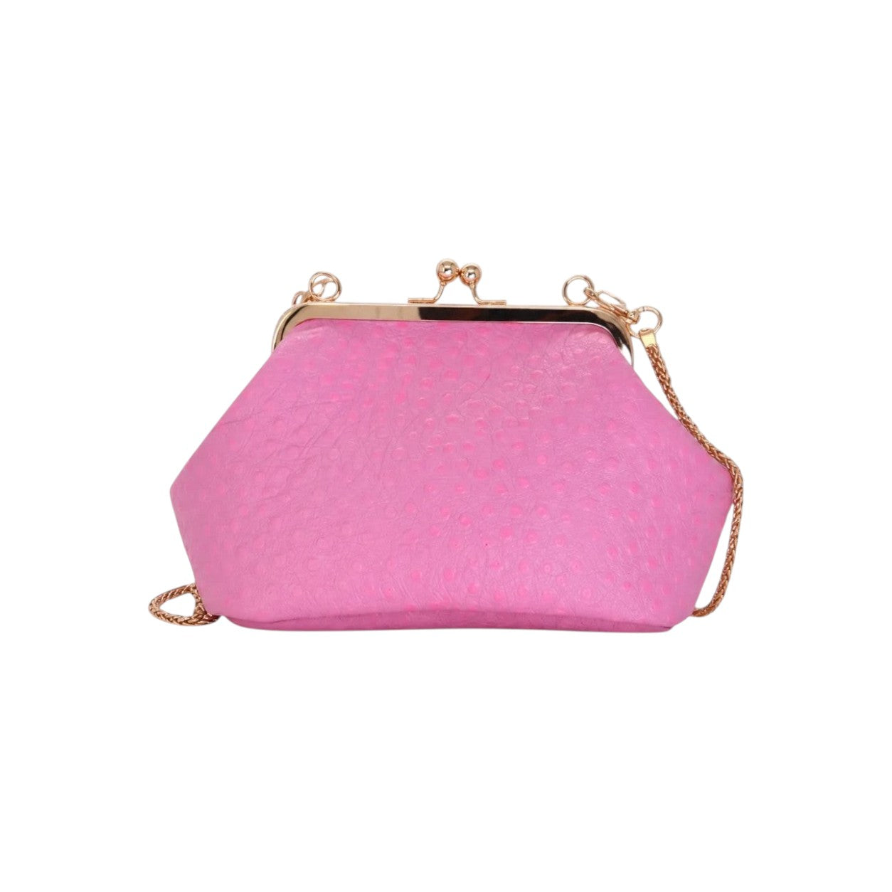 Bolso Jesalin Sette Petito rosa en piel con grabado de avestruz, cierre kisslock dorado y cadena metálica elegante.