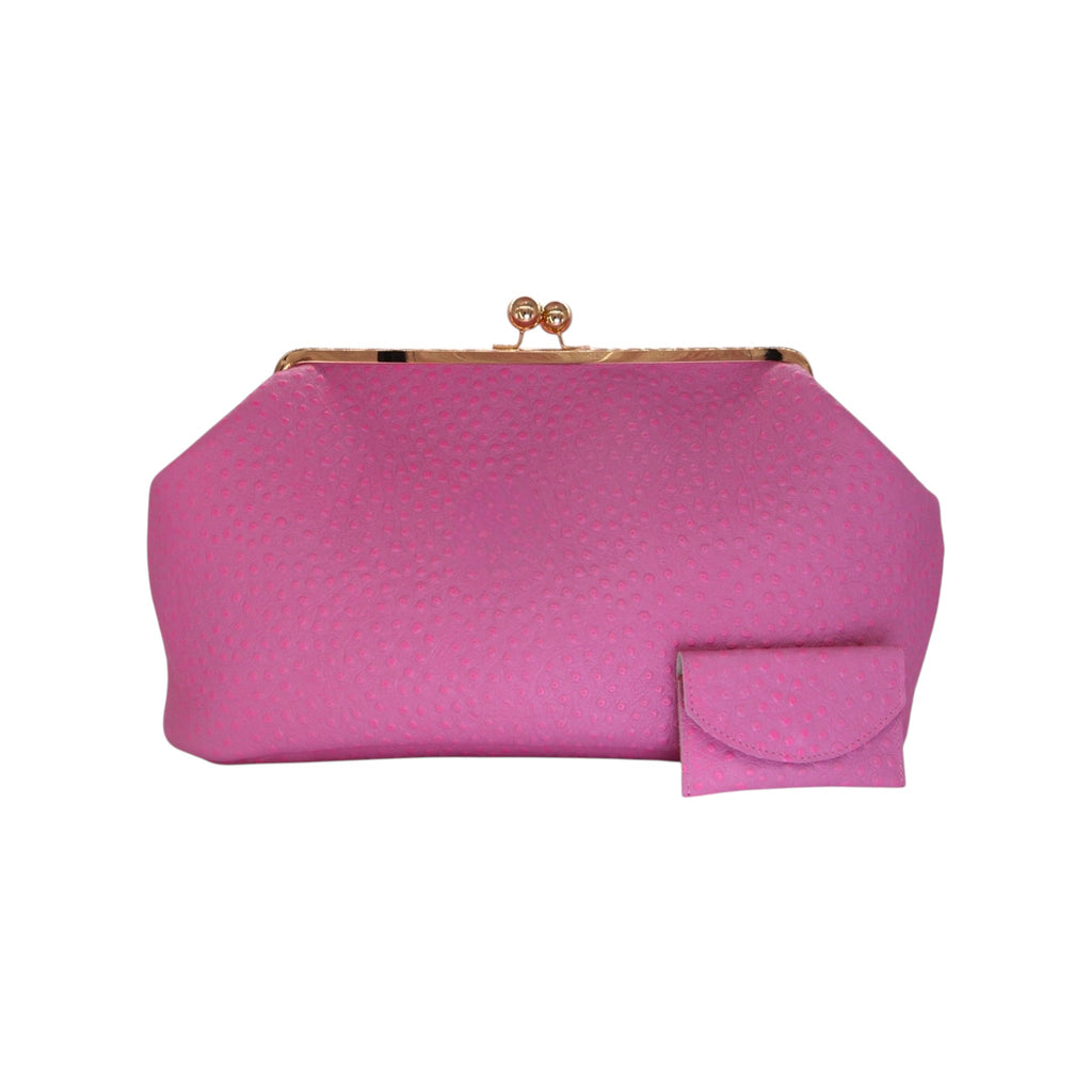 Bolso de mano Jesalin Sette en piel rosa con grabado de avestruz, cierre kisslock metálico y monedero a juego.