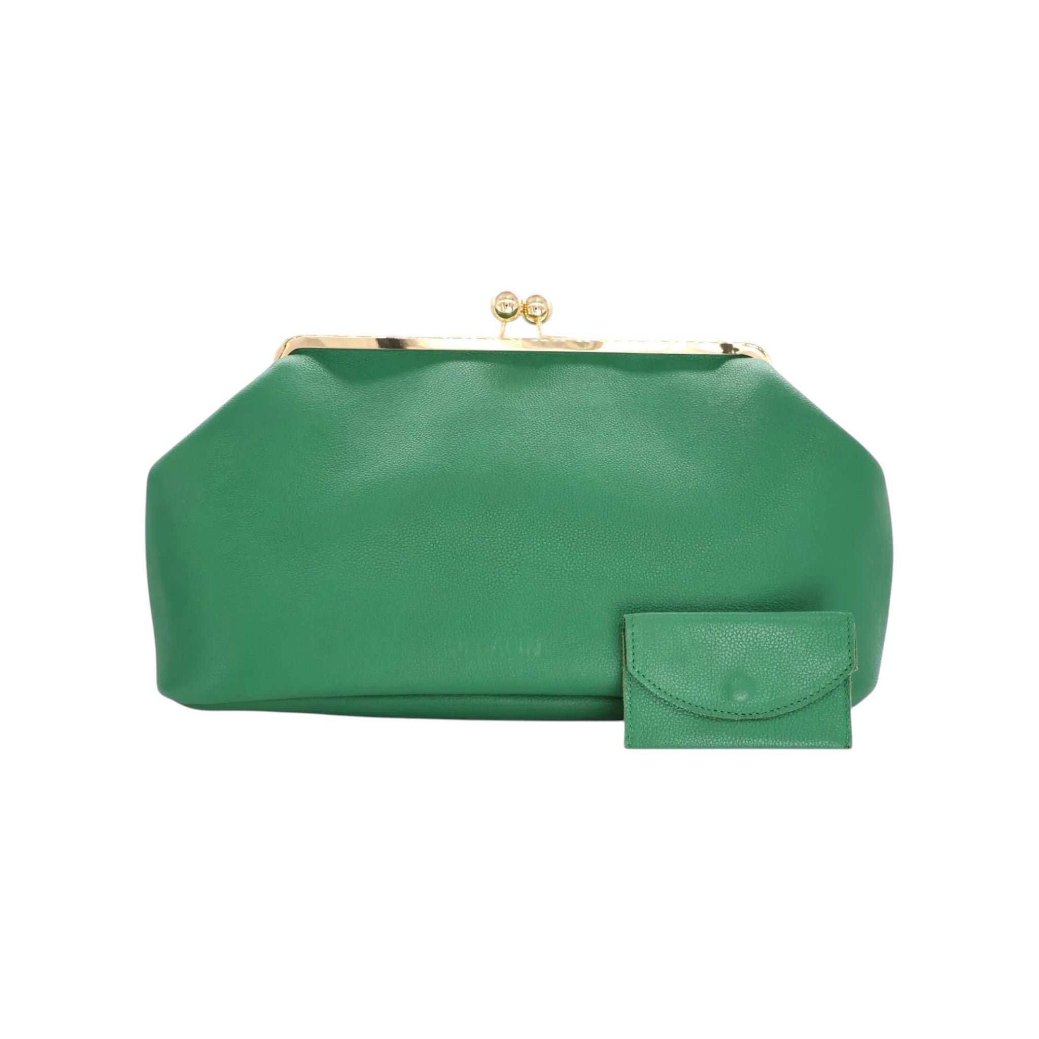 Bolso Sette de Jesalin en piel bovina granulada color verde esmeralda con cierre kisslock dorado y monedero a juego.