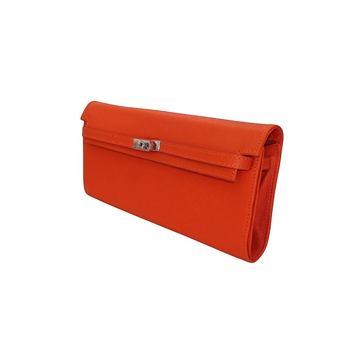 Cartera de mano Jesalin Hermes Naranja en piel granulada con cierre metálico plateado y diseño artesanal elegante
