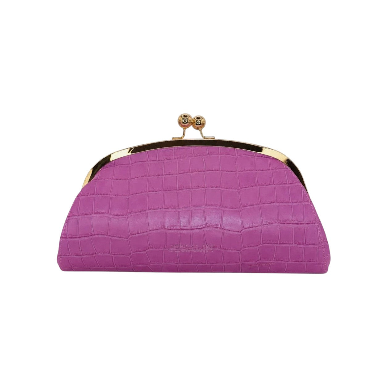 Clutch Jesalin Aluna color lila en piel bovina grabada con marco metálico dorado y cierre tipo kiss lock